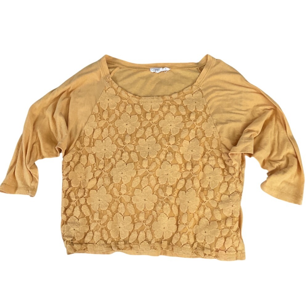 Forever 21 Mustard Yellow Floral Lace Front 3/4 Sleeve Top Medium